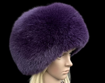 Fox Fur Beanie Hat: Luxurious Winter Headwear Dark Purple Fur