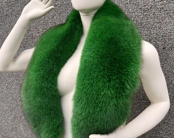 Green Fox Fur Collar: Handmade Saga Fur Stole (43" Length)