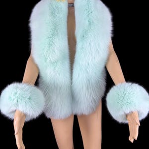 Luxury Arctic Fox Fur Stole + Tails / Wristbands 63&quot; Inches Fur Collar Bright Mint Color Fur Scarf