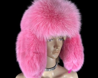Pink Fur Aviator Hat, Saga Fox Fur Winter Trapper Hat for  display picture 2