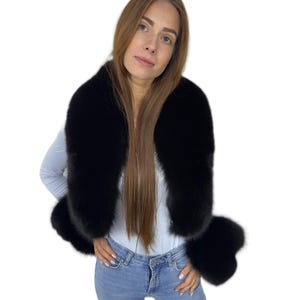 Luxurious Black Fox Fur Collar & 4 Wristbands / Tails Set Fur Stole 43&quot; Inches Big Fur Scarf