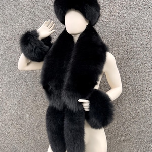 Luxurious Black Fox Fur Stole + Tails + Wristbands + Headband 55&quot; Inches Fur Collar Set