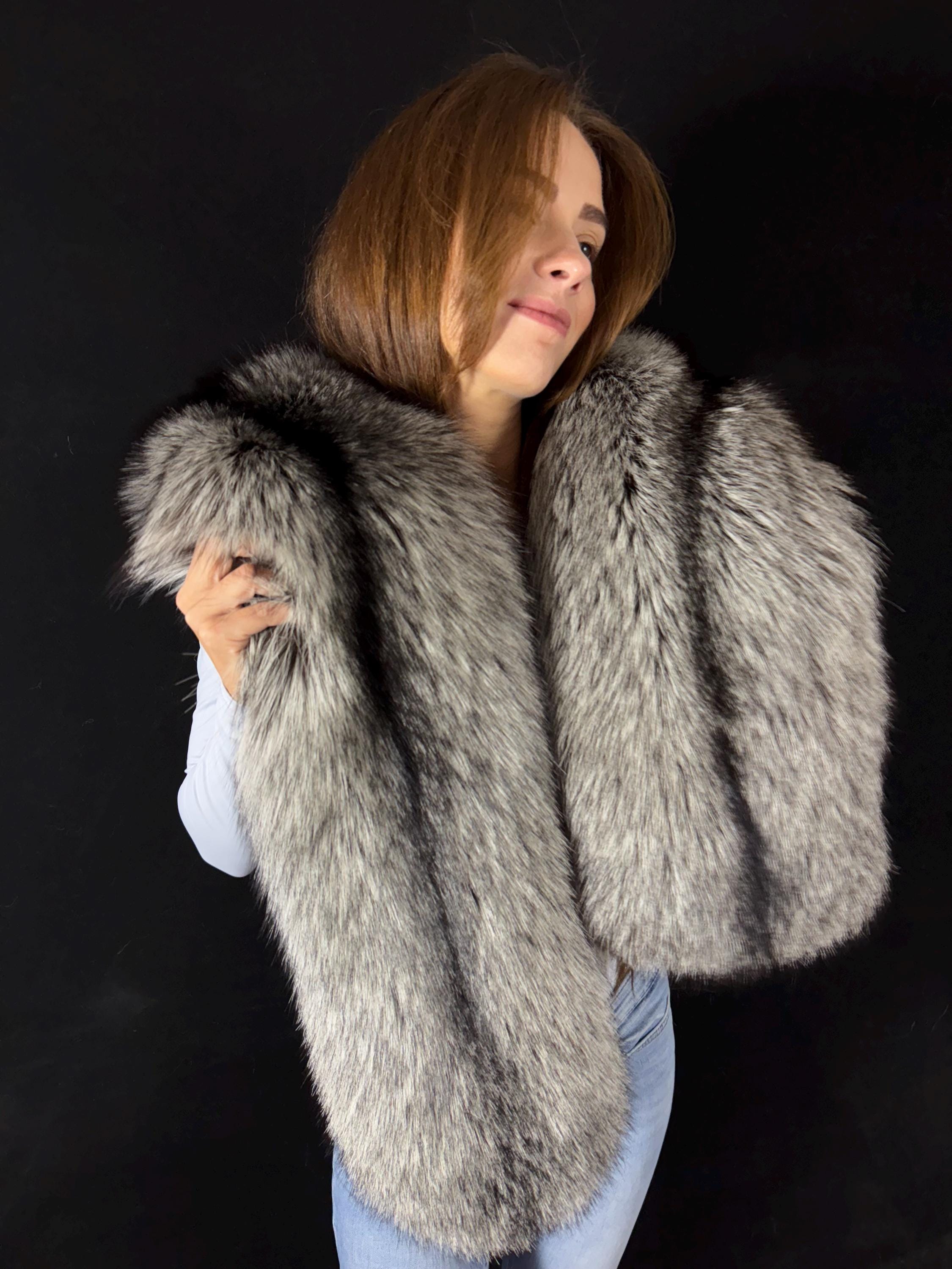 Luxurious Silver Fox Fur Stole: Double-sided Natural Fur Scarf (75