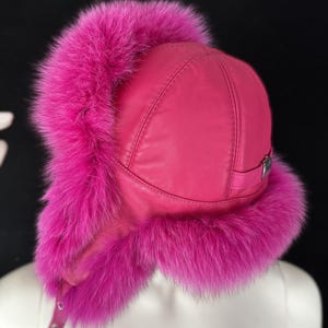 Pink Arctic Fox Fur Trapper Hat: Leather Winter Hat (22.5-23&quot;)