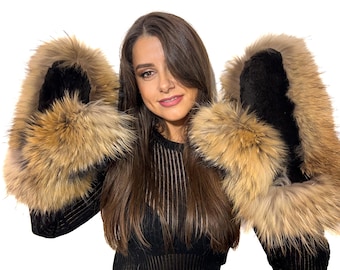 Luxurious Raccoon Fur Mittens: With Rex Rabbit Fur Winter Wool-Lined Gloves