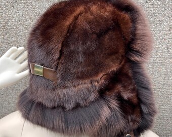 Vintage Brown Mink Pilot Hat Winter Boho Unisex S Vintage Dark Brown Mink Suede Fur Aviator Hat, Real Fur  main image 3