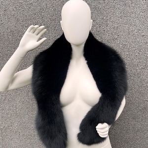 Luxurious Black Fox Fur Collar: Handmade Saga Furs Stole (47&quot; Length)