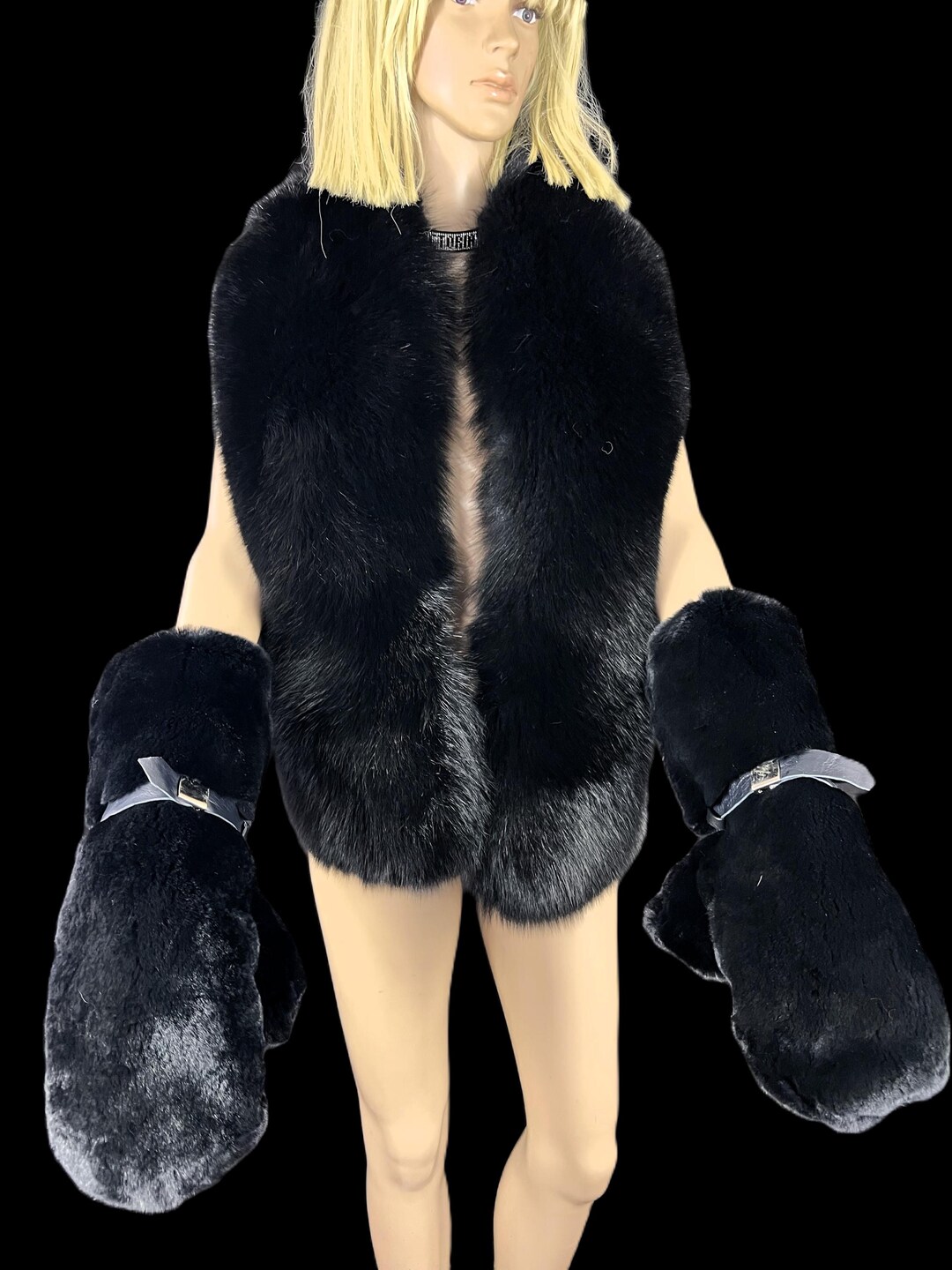 Black Fox Fur Stole & Rex Rabbit Mittens Set - Handmade Neck Warmer - Etsy