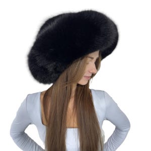 Luxe vossenbontmuts baret van echt bont zwarte kleur grote bontmuts van topkwaliteit