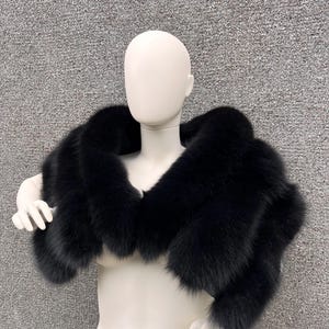Luxurious Huge Fox Fur Shawl with Suede Inserts Extra Wide Black Fur Wrap Top-Quality Fur Cape