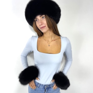 Luxuriöse Schwarz Fuchs Pelzmütze, Schal & Schweißbänder Set Pelzmütze mit Leder