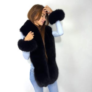 Luxurious Huge Black Fox Fur Stole + Tails / Wristbands 70&quot; Inches Fur Collar Set
