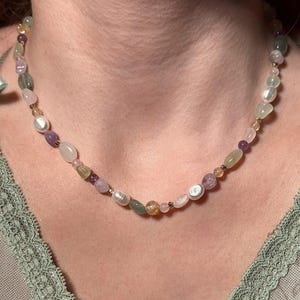 Natural Gemstone Necklace, 14k Real Gold Pleated, Kunzite, Amethyst, Aventurine, Citrine, Freshwater Pearls, Unique Jewelry by MISSOPHIA