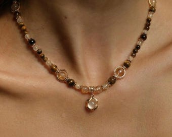 Tiger's Eye & Citrine Necklace, Gemstone Jewelry