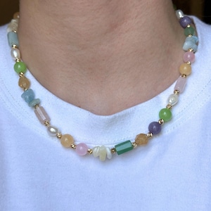 Mixed Gemstone Necklace: 14k Gold, Pearl, Quartz & Aventurine