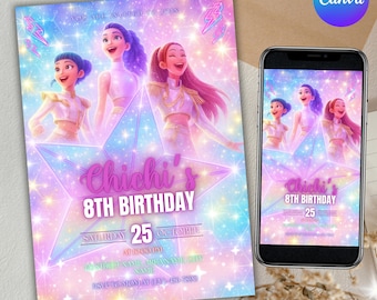KPOPデーモンハンター誕生日招待状、KPOPデーモンハンターパーティー招待状、Kポップ誕生日招待状、Kポップスター、誕生日招待状、Canva編集可能