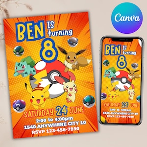 Könnte beinhalten: Eine farbenfrohe Geburtstagseinladung mit dem Text "BEN IS turning 8" und Cartoon-Figuren. Das Design beinhaltet einen Pokeball und Eventdetails: Datum, Uhrzeit, Ort und RSVP-Informationen.