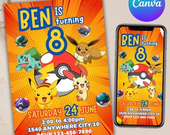 Pikachu Card Birthday Invitation, Pokemon Birthday Invitation, Pikachu Birthday Party Invite, Pokemon Invitation Template, Canva Editable