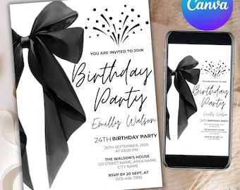 Plantilla de invitación de cumpleaños con lazo negro, invitación minimalista con lazo negro, fiesta de cumpleaños de coqueta con lazo negro para 30 o 40 años, editable en Canva