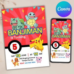 May include: A red birthday invitation with the text "BANJIMAN Is Turning 5". The invitation features cartoon characters, including Pikachu, Bulbasaur, and Squirtle. A smartphone displays the same design.