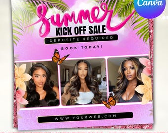 Summer Booking Flyer, July Booking Flyer, June Booking Flyer, Summer Sale Bookings Flyer, Summer Sale Flyer, Wigs Hair Flyer, Canva Editable