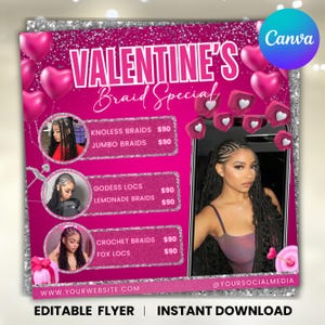 Valentines Day Braid Sale Flyer, February Flyer, Braid Prices Flyer, Braids Sale Flyer, Hair Flyer, Lashes Flyer, IG Post, Canva Editable