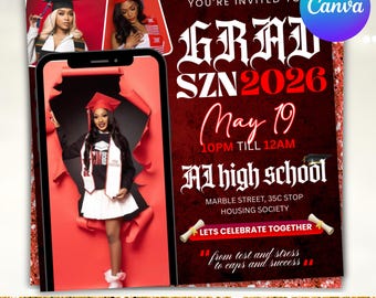 Afgestudeerde flyer, afstudeerfeest flyer, afstudeeruitnodiging, collegebesluit, klasse van 2026 flyer, senior afstudeerder aankondigen, Canva bewerkbaar