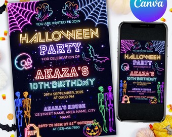 Halloween Birthday Invitation, Neon Halloween Invitation, Kids Halloween Birthday, Halloween Spooky Party Invite, Bday Invite,Canva Editable