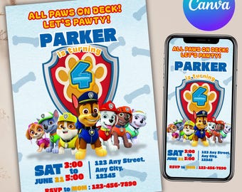 Paw-ty Birthday Invitation, Puppy Patrol Pup Crew Invite Layout, Birthday Invite, Instant Download, Kids Party Invitation, Canva Editable