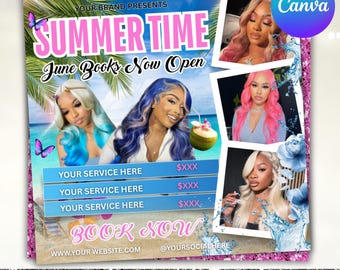 Summer Booking Flyer, June Booking Flyer, July Booking Flyer, Summer Books, Makeup MUA Lashes Hair Braids Wig Beauty Flyer, Canva Editable