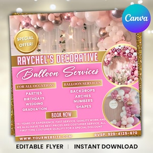 Modelo de folheto de decoração de balões, anúncio de negócios de balões, folheto de decoração de eventos de festa de aniversário faça você mesmo, negócio de artista de balões, Canva editável