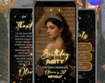 Birthday Party Video Invitation, Luxury Black and Gold Template, Women’s 30th 40th 50th Birthday Dinner Digital Evite, Bday, Canva Editable