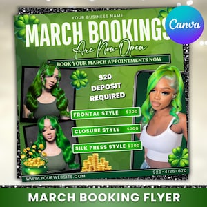 March Booking Flyer, St. Patrick Day Flyer, March Madness Flyer, March Book Now, March Hair, March Braids Lashes Nails Flyer, Canva Editable