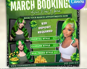 March Booking Flyer, St. Patrick Day Flyer, March Madness Flyer, March Book Now, March Hair, March Braids Lashes Nails Flyer, Canva Editable