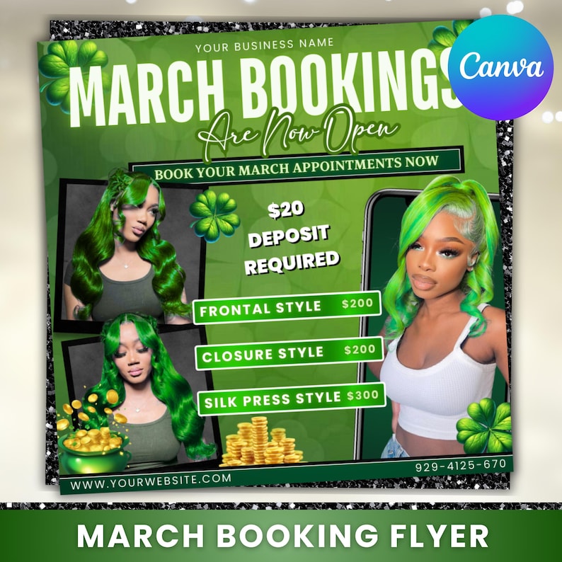March Booking Flyer, St. Patrick Day Flyer, March Madness Flyer, March Book Now, March Hair, March Braids Lashes Nails Flyer, Canva Editable