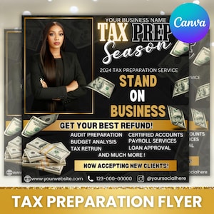Belastingzakenflyer, bedrijfsflyer, belastingsessieflyer, belastingvoorbereidingsflyer, bedrijfsflyer, belastingadvies, bewerkbaar in canva
