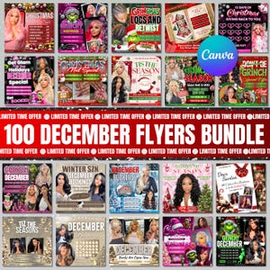 Puede incluir: Una colección de folletos coloridos con temática de diciembre, con textos como "Navidad", "Reservas de diciembre" y "Grinchy diciembre". Los folletos muestran varios servicios de belleza y promociones navideñas, con imágenes de mujeres y decoraciones festivas.