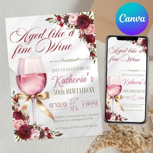 Puede incluir: Una invitación de cumpleaños con el texto "Aged like a fine Wine" y una ilustración de copa de vino. La invitación incluye detalles para el 50 cumpleaños de Katherin, con fecha, hora e información de RSVP. El diseño presenta acentos florales.