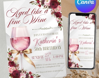 Wine Birthday Invitation, Floral Winery Party, Wine Birthday Party Invite, Winery Celebration Printable Birthday Template, Canva Editable