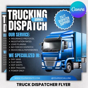 Folleto para despachador de camiones, folleto de servicios de camiones, negocio de despacho de carga para corredores, folleto de servicios de despachador de camiones (hágalo usted mismo), editable en Canva