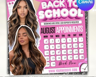 Brochure de réservation d'août, brochure du calendrier d'août, brochure de la rentrée scolaire, brochure des promotions de la rentrée scolaire, brochure tresses de cheveux et perruque de cils, toile modifiable