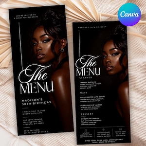 Op de afbeelding: Twee zwarte rechthoekige menukaarten voor Madison's 30e verjaardag. De linkerkaart bevat de tekst 'You're invited to a night to celebrate', 'The Menu' en evenementdetails. De rechterkaart bevat 'The Menu', 'Starter', 'Main' en 'Dessert'.