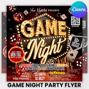 Game Night Party Flyer, Club Party Flyer, Adult Event Flyer, Game Invitation, Poker, Bingo, Chass, Casino Night Flyer, Canva Editable