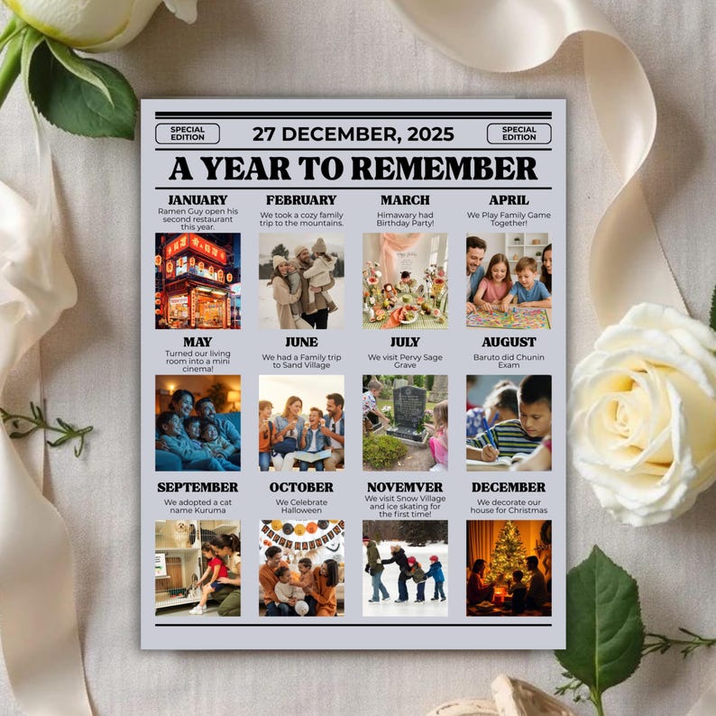 Year in Review Holiday Card Template, Photo Card Collage, Printable