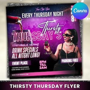 Può includere: Un volantino viola e nero con il testo "Thirsty Thursday's" in bianco. Il volantino pubblicizza offerte di bevande per tutta la notte, 2 per 1 su shot di qualsiasi cosa, e il parcheggio è gratuito. Il volantino include anche il luogo dell'evento, l'ora e il sito web.