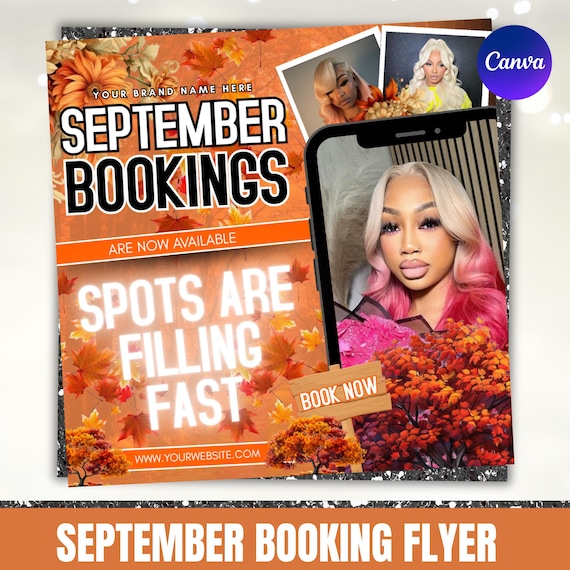 September Booking Flyer, Fall Season Booking Flyer, Fall Szn Sale, Calendar Flyer, Autumn Flyer, Hair Braids Wig Lash Nail, Canva Editable