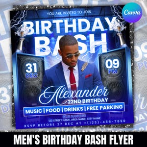 May include: A blue and silver flyer for a birthday party. The flyer features a man in a blue suit and sunglasses. The text reads "BIRTHDAY BASH" and "Alexander 22nd Birthday". Additional text includes "Music, Food, Drinks, Free Parking".
