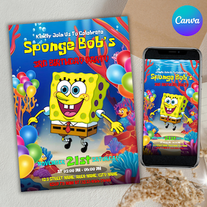 Puede incluir: Una colorida invitación para una fiesta de cumpleaños con temática de Bob Esponja. El diseño presenta a Bob Esponja, globos y elementos submarinos. La invitación incluye la fecha, hora y lugar.