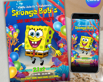 Sponge Cake Birthday Invitation, Cartoon Party Invitation, Sponge bob invite, Birthday Party Invitation, Printable Template, Canva Editable