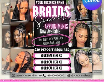 Braids Booking Flyer, Braids Pricelist Flyer, Knotless Braids Flyer, Beauty Salon Pricelist, Lash hair Nails Wig Flyer, Canva Editable